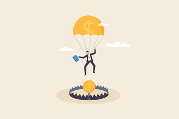 Financial money trap, Risk in investment, Businessman with parachute falling on money trap.