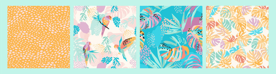 Fototapeta na wymiar Set of abstract art seamless patterns with tropical leaves, flowers and parrots.