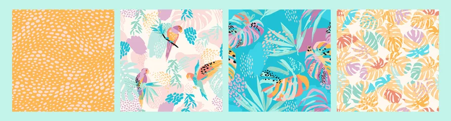 Fototapeten Set of abstract art seamless patterns with tropical leaves, flowers and parrots. © Nadia Grapes