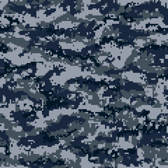 Navy blue digital camouflage seamless pattern. Vector