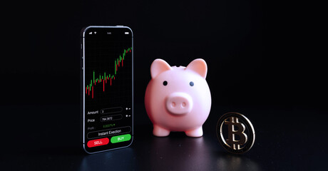Bitcoin wallet. Gold crypto currency BTC bitcoin, pink piggy bank. Crypto currency trading mobile phone application on black background. Save virtual money concept.