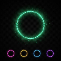 Colorful neon frames with lights effects. Abstraction neon glowing circles on dark background. Set of colored buttons.