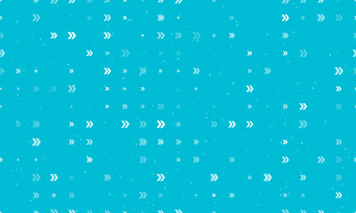 Seamless background pattern of evenly spaced white double arrow symbols of different sizes and opacity. Vector illustration on cyan background with stars