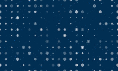 Seamless background pattern of evenly spaced white snowflake symbols of different sizes and opacity. Vector illustration on dark blue background with stars