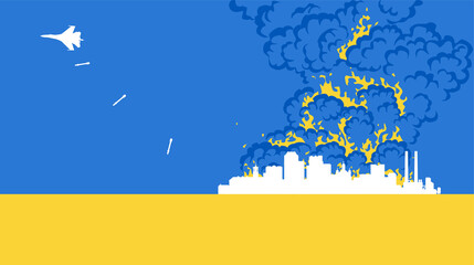 Fototapeta premium Russian military aircraft bombing Ukrainian city against the background of the flag