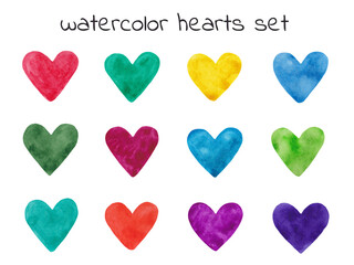 Watercolor set of elements in the shape of a heart  isolated on white background. Collection for decor, design, printing on fabric, paper, packaging, scrapbook. Hearts in yellow, red, blue, green. 