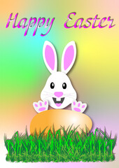 happy easter lettering card with ears rabbit in egg painted and flowers vector illustration design