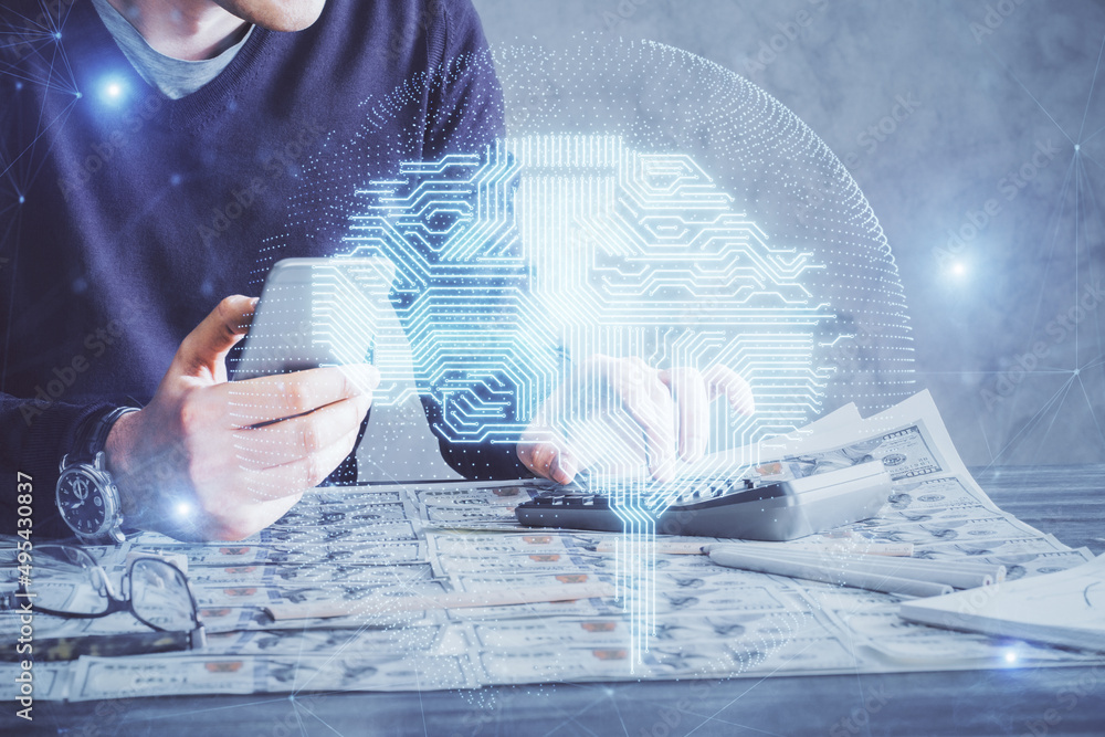 Poster double exposure of man's hand holding and using a digital device and brain hologram drawing. data co