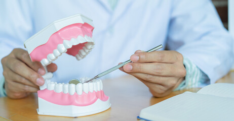 close up dentist man use mouth mirror tool on dental teeth model to explain and advise patient about dental cavity and cleaning in office room at clinic for dentistry health concept	