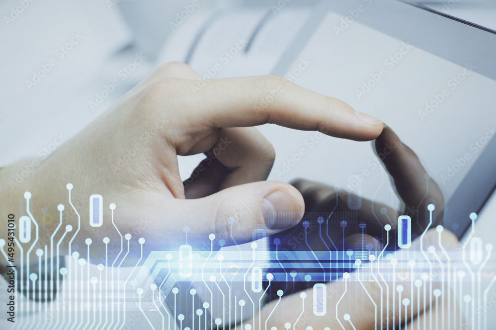 Poster Multi exposure of man's hand holding and using a digital device and data theme drawing. Innovation concept.