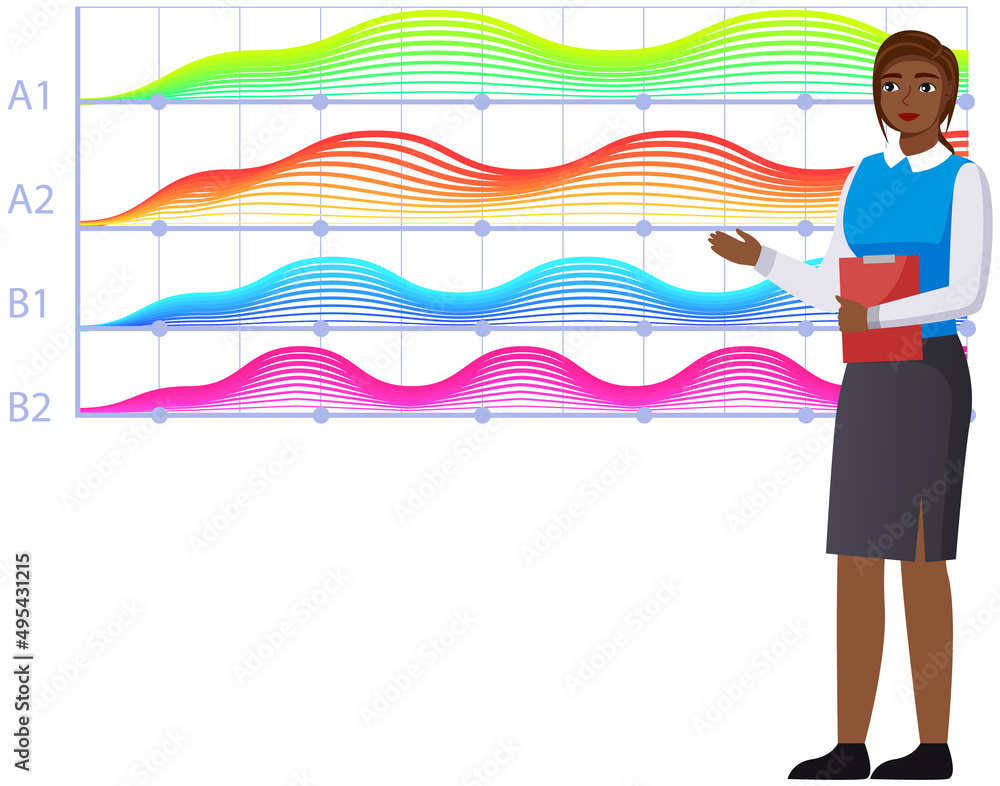 Poster woman studies statistics on presentation. female character while working or studying with report. gi
