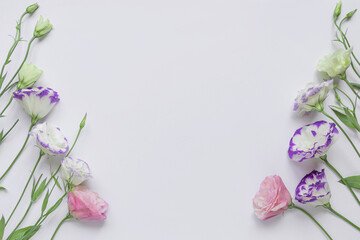 Floral composition made of beautiful eustoma flowers on white background . Minimal style. Nature concept. Top view, copy space. Flat lay