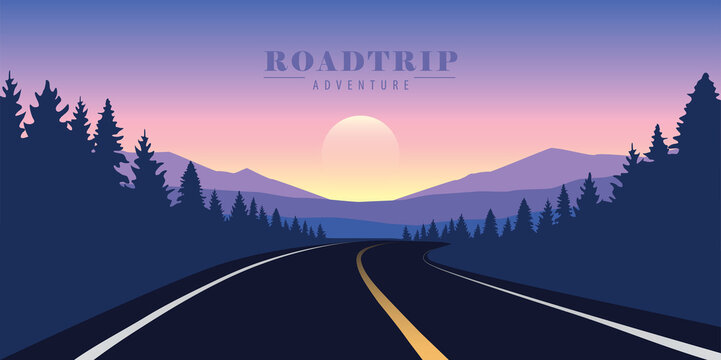 road in the forest on purple mountain landscape