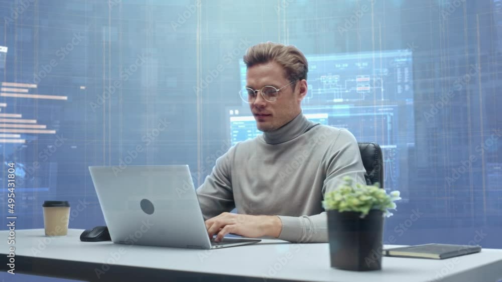Aufkleber Office Manager with Animated Virtual Background: Businessman Sitting at a Desk Working on a Laptop Computer. Man Working with Big Data Finance Analysis. 360 Degree Tracking Shot. Camera Moving Around.