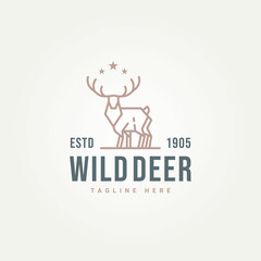 wild deer simple line art logo icon template vector illustration design. minimalist elk, moose, antlers with star symbol logo concept