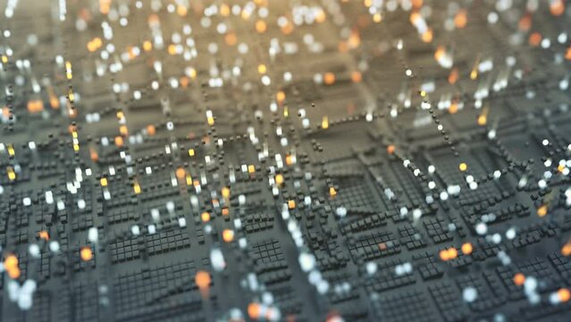 Futuristic matrix of glowing cubes. Big data transfer or quantum computer concept. Seamless loop 3D render animation
