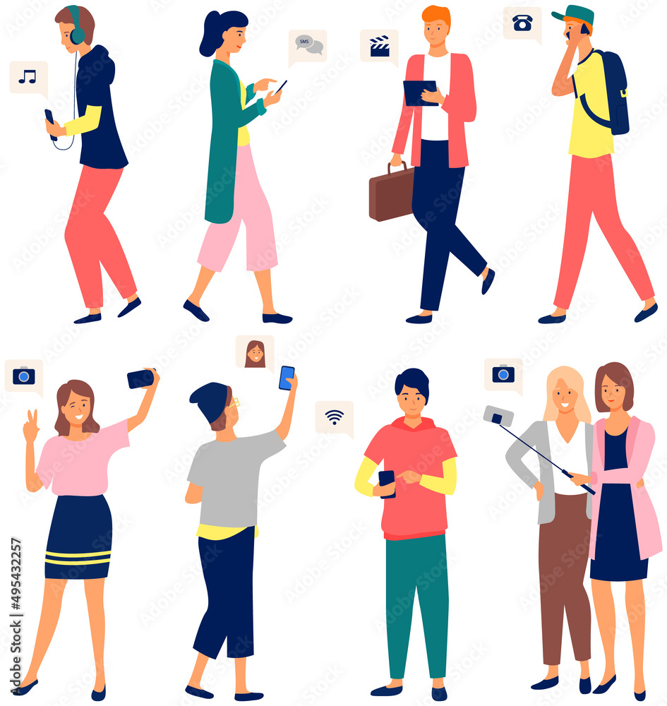 Poster global data sharing data concept vector illustration of young people using mobile smartphone to shar