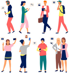 Fototapeta premium Global data sharing data concept vector illustration of young people using mobile smartphone to share posts and news in social networks. Man and woman holds smart phone to make repost of video news
