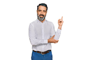 Middle aged man with beard wearing casual white shirt smiling happy pointing with hand and finger to the side