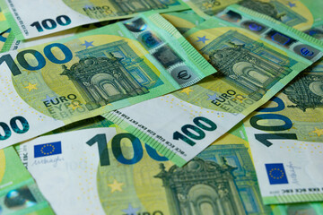 Fototapeta na wymiar Banknotes of 100 hundred Euros. European currency.