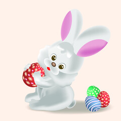 

Easter holiday. Graphic image of Easter eggs and a rabbit on a light background. 
Vector image, background, design.
