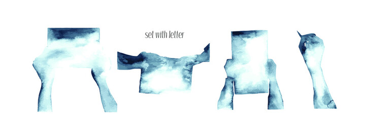 Set with mail.Watercolor vector set.Blue color.Mail.