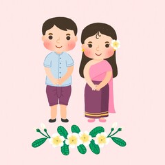 cartoon man cute woman wearing thai dress lover wedding 