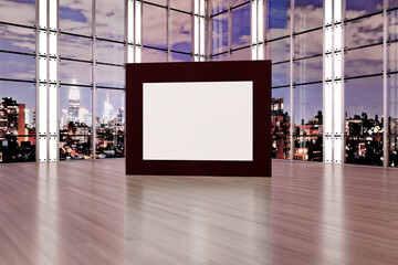Modern interior with empty white mock up poster, panoramic city view and wooden flooring. Design and spacious room concept. 3D Rendering.