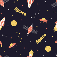 Seamless Pattern Cosmos doodle is a set of vector illustrations. Icons of space elements rocket cosmonaut stars satellite telescope comet.