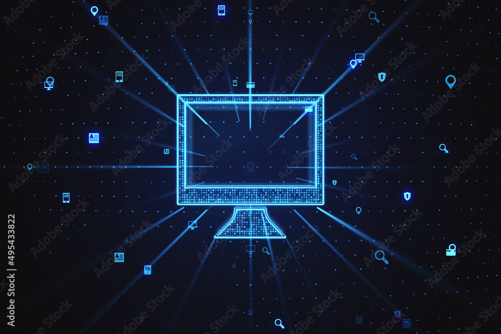 Poster Abstract computer monitor on dark blue background. Digital transformation concept. 3D Rendering.