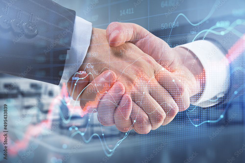 Poster close up of business men shaking hands with abstract red forex chart index on blurry office interior