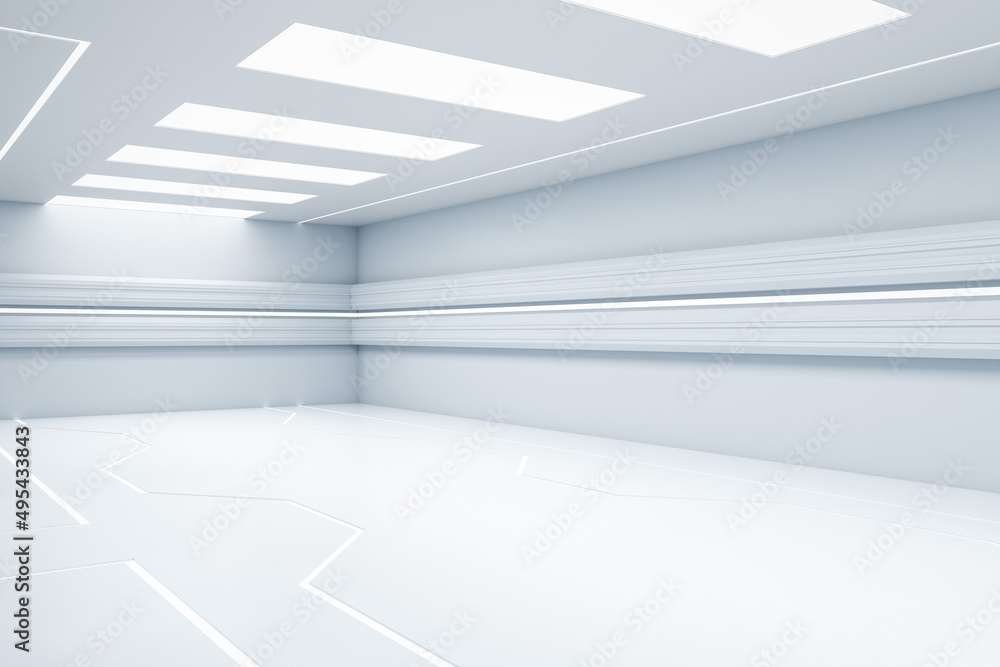 Poster light futuristic white corridor. design and hallway concept. 3d rendering.