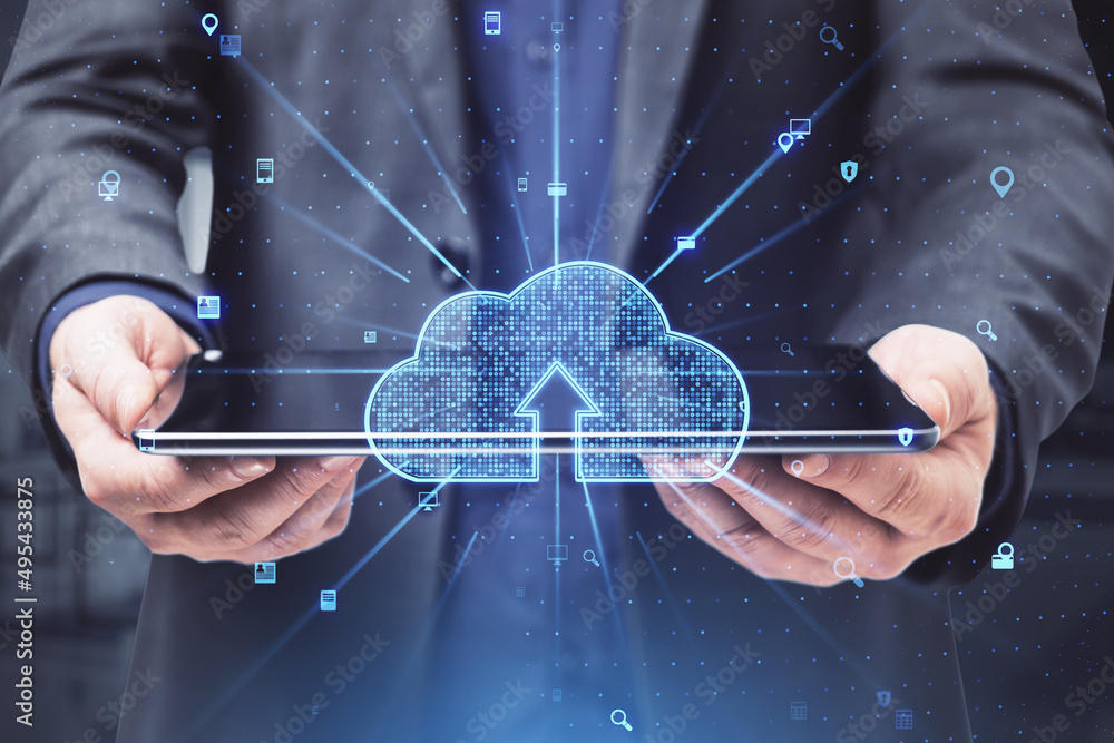 Poster Close up of businessman hands holding tablet with abstract glowing cloud hologram on blurry background. Cloud computing and database concept. Double exposure.
