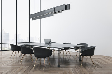 Fototapeta na wymiar Clean concrete and wooden meeting room interior with window and city view, furniture, ceiling lamp and laptop device on table. Workplace and conference concept. 3D Rendering.