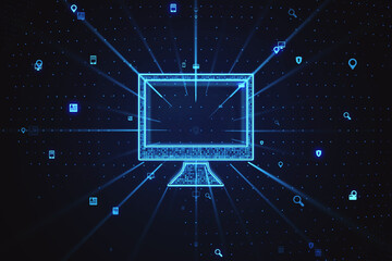 Abstract computer monitor on dark blue background. Digital transformation concept. 3D Rendering.