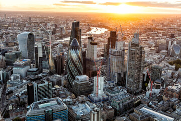 Aerial sunset view of London financial business institutions