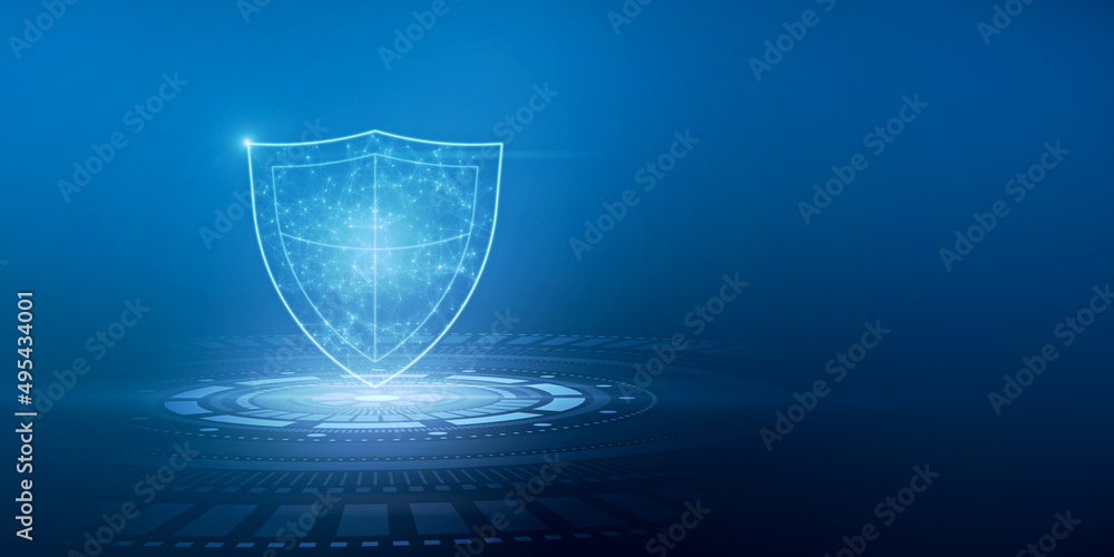 Poster Creative polygonal shield on blue backdrop. Futuristic protection and circuit concept with mock up place. 3D Rendering.