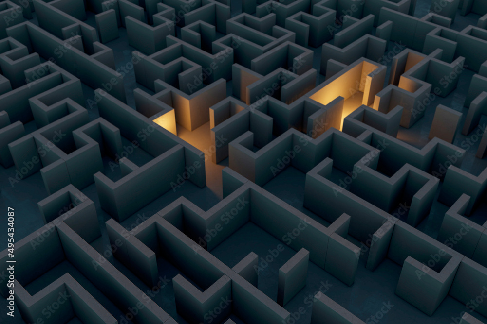 Leinwandbilder creative illuminated maze background. solution and idea concept. 3d rendering.