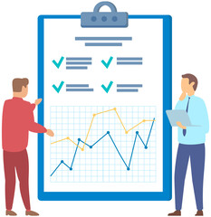 Business project on clipboard document. People working on results of financial research, flowcharts and charts. Team analyzing business data, planning strategy. Men look at clipboard with statistics