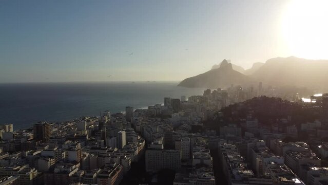 Copacabana beach, sunset aerial view by drone, looking towards Leblon, Rio de Janeiro, Brazil