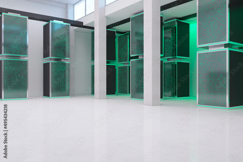 Poster Modern green server room interior. Database and technology concept. 3D Rendering.