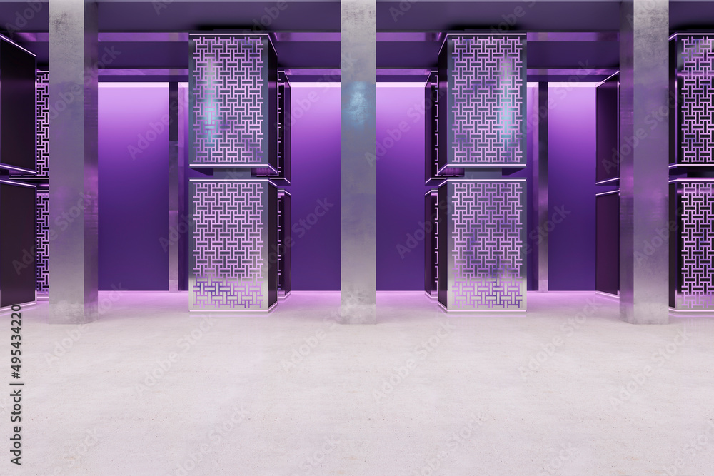 Poster clean purple server room interior. database and technology concept. 3d rendering.