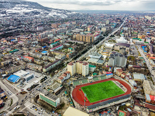 Makhachkala, Trud stadium and city panorama - obrazy, fototapety, plakaty