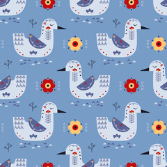 Duck Ornament Scandinavian Folk Art Design. Birds and Flowers Colorful Seamless Pattern. Vector illustration