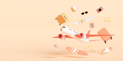 Summer vacation concept, Travel by airplane carrying travel accessories, 3d illustration - obrazy, fototapety, plakaty