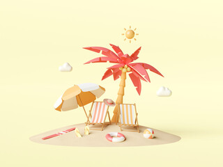 Summer vacation concept, Beach chairs and accessories under palm tree on the beach, 3d illustration