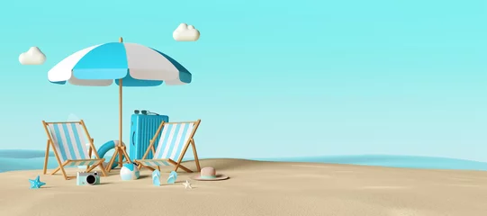 Foto op Plexiglas Summer vacation concept, Banner of beach chairs and accessories on the beach,3d illustration © NuTz