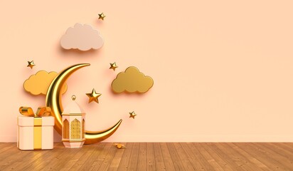 Islamic 3d rendering scene with arabic lantern, golden crescent, clouds, gifts on the wooden floor. Eid Mubarak and Ramadan Kareem. © ludmila_m