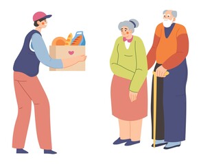 Volunteer helping senior people, food delivery