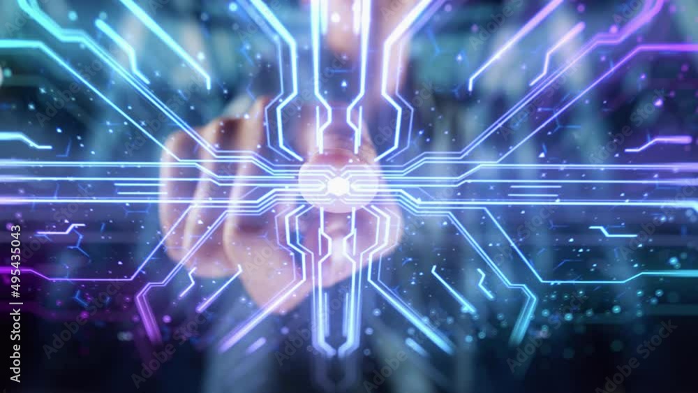 Poster digitalization concept: human finger pushes touch screen button and activates futuristic artificial 